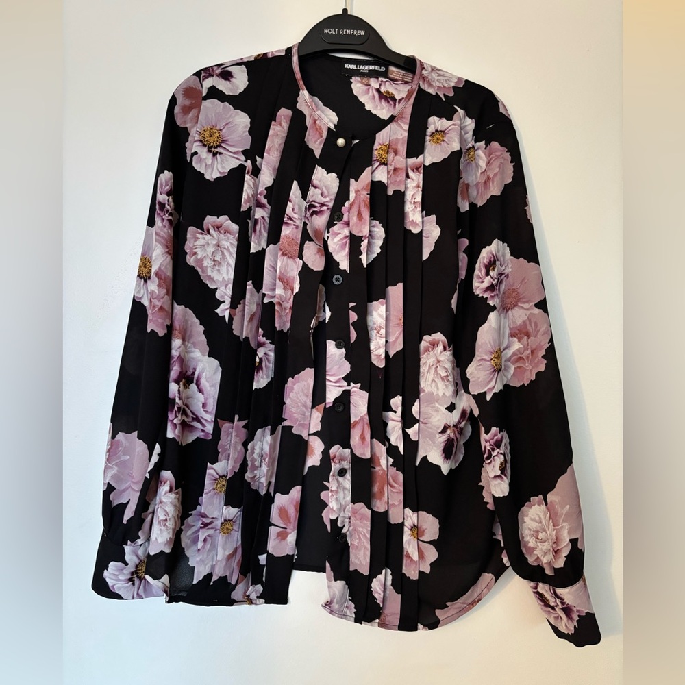 Karl Lagerfeld Black and Pink Floral Women's Blouse with Pearl Detailing